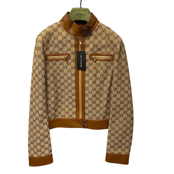NWT Gucci GG Canvas Jacket Leather Trim Neutral Brown Tan Womens 40 / US 4 - Picture 2 of 16